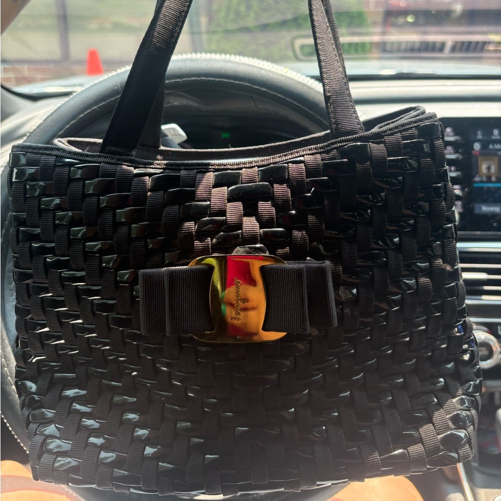 Black Woven Handbag with Bow Accent